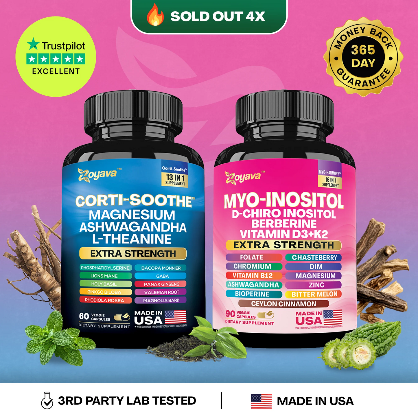 Zoyava Soothe and Smooth BundleCortisol 60 and Myo-Inositol 90Capsules Supplement Bundle