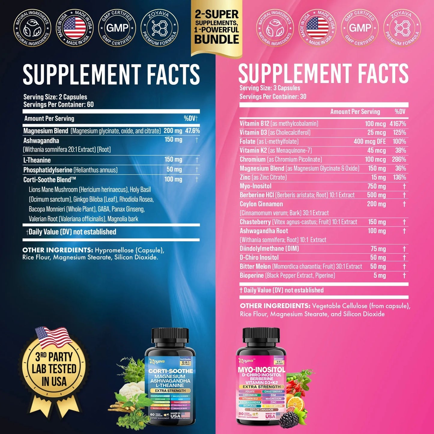 Zoyava Soothe and Smooth BundleCortisol 60 and Myo-Inositol 90Capsules Supplement Bundle