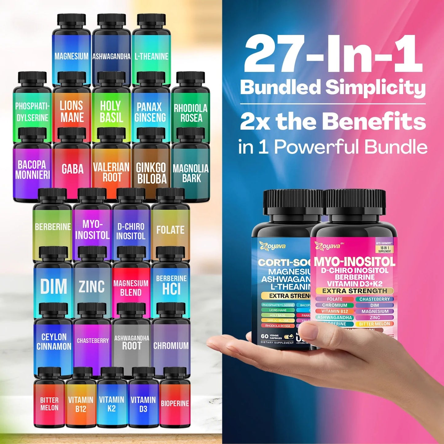Zoyava Soothe and Smooth BundleCortisol 60 and Myo-Inositol 90Capsules Supplement Bundle