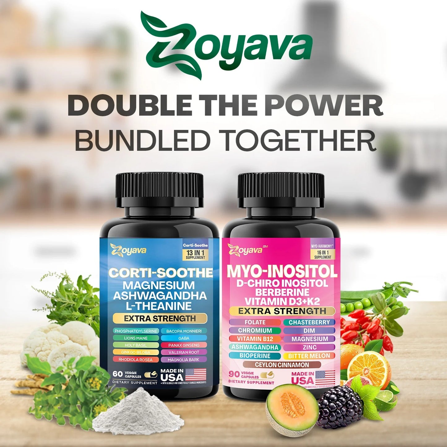 Zoyava Soothe and Smooth BundleCortisol 60 and Myo-Inositol 90Capsules Supplement Bundle